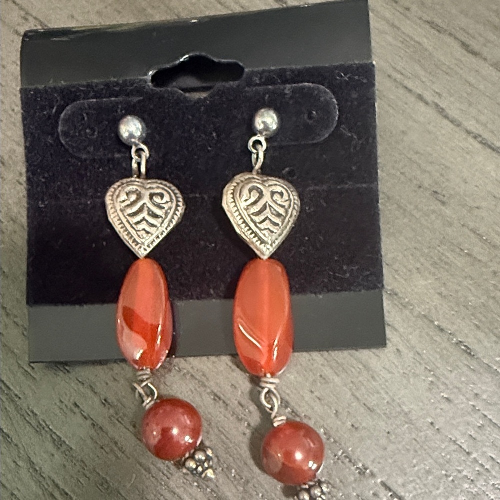 Silver-Tone Heart Drop Earrings with Carnelian stones